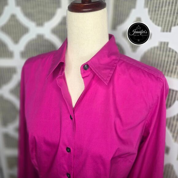 3/$30 Ann Taylor Fuchsia/Hot Pink Collared Button Front Long Sleeve Blouse 10P - Picture 3 of 10